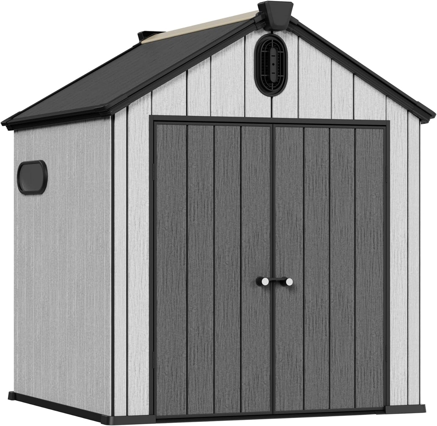 6X6 FT Outdoor Resin Storage Shed, All Weather Resistant Plastic Shed W/Air Vents & Window, Floor & Lockable Door, Waterproof Outdoor Shed for Bike, Garbage Cans, Tools (Black & Grey)