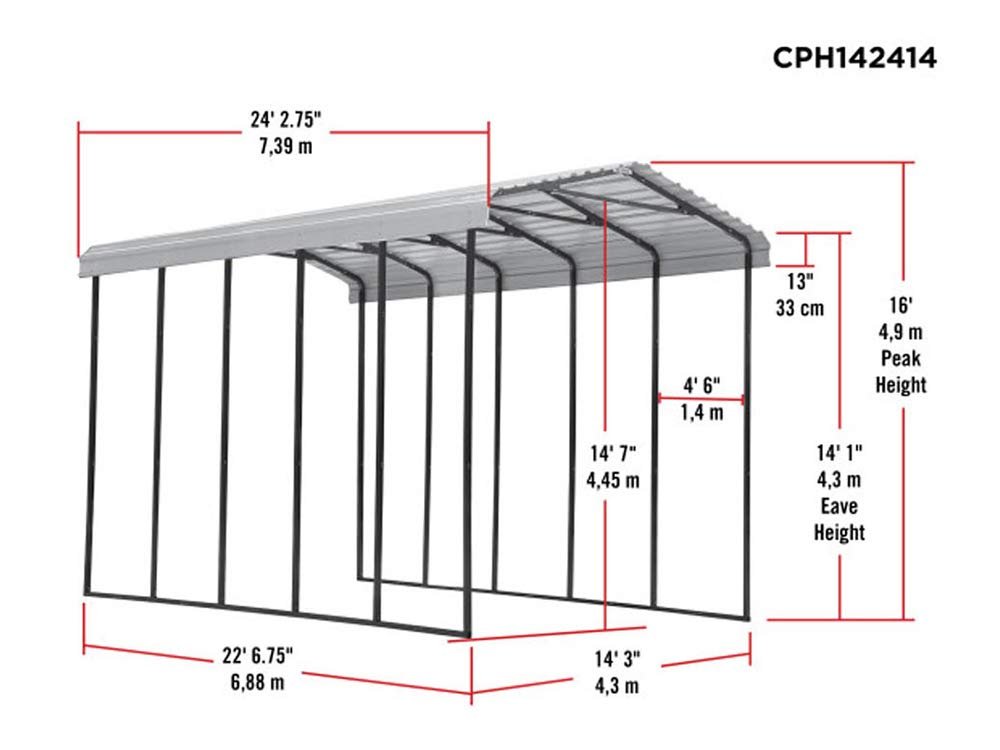 Arrow Carport, 14 ft. x 24 ft. x 14 ft. Charcoal 14′ x 24′ x 14′