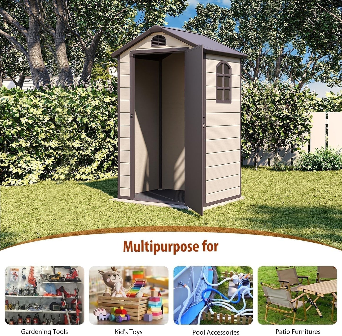 Outdoor Storage Shed 4X3 Ft, Resin Sheds & Outdoor Storage, Patio Furniture Shed with Lockable Door, Outdoor Sheds Garden Tools, Bikes, BBQ Grills, Pool Accessories for Backyard, Patio