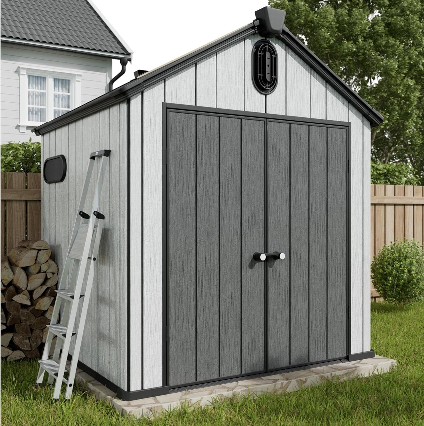 6X6 FT Outdoor Resin Storage Shed, All Weather Resistant Plastic Shed W/Air Vents & Window, Floor & Lockable Door, Waterproof Outdoor Shed for Bike, Garbage Cans, Tools (Black & Grey)