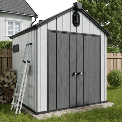 6X6 FT Outdoor Resin Storage Shed, All Weather Resistant Plastic Shed W/Air Vents & Window, Floor & Lockable Door, Waterproof Outdoor Shed for Bike, Garbage Cans, Tools (Black & Grey)
