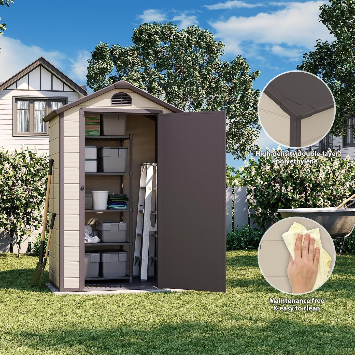 Outdoor Storage Shed 4X3 Ft, Resin Sheds & Outdoor Storage, Patio Furniture Shed with Lockable Door, Outdoor Sheds Garden Tools, Bikes, BBQ Grills, Pool Accessories for Backyard, Patio