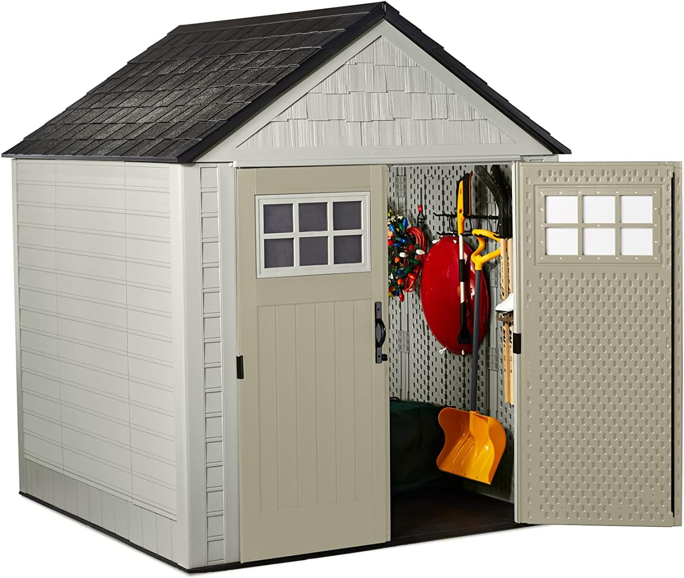 Resin Outdoor Storage Shed with Floor (7 X 7 Ft), Weather Resistant, Beige/Brown, Organization for Home/Backyard/Garden Tools/Lawn Mower/Bike Storage/Pool Supplies
