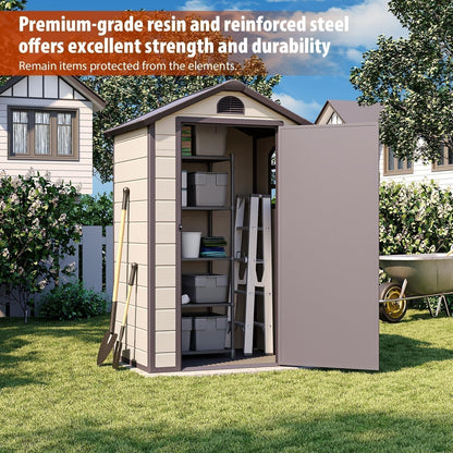Outdoor Storage Shed 4X3 Ft, Resin Sheds & Outdoor Storage, Patio Furniture Shed with Lockable Door, Outdoor Sheds Garden Tools, Bikes, BBQ Grills, Pool Accessories for Backyard, Patio