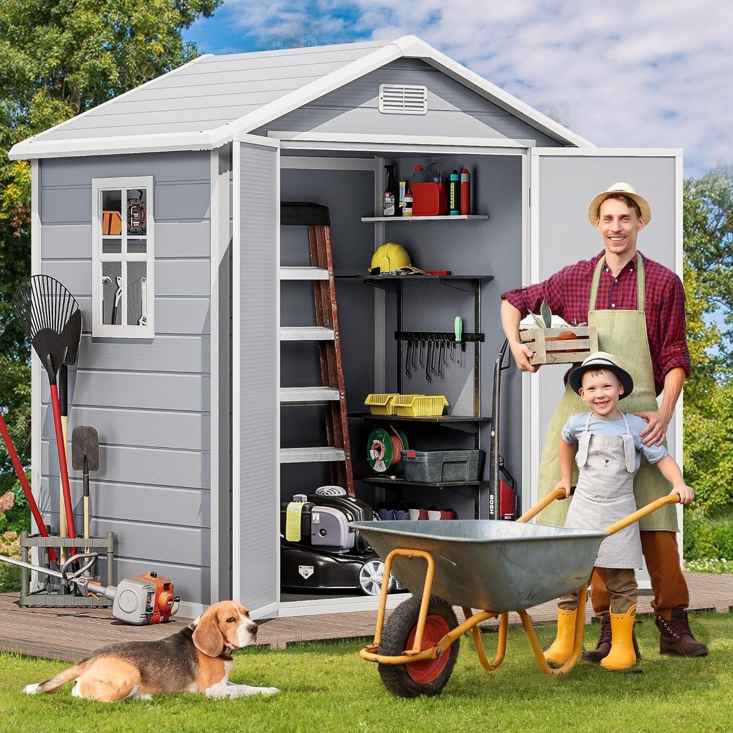 6X4.4 FT Outdoor Resin Storage Shed with Reinforced Floor, All-Weather Bike Storage Shed with Lockable Door, Window and Vent, Waterproof Plastic Tool Storage for Garden, Backyard, Patio, Lawn