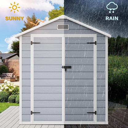 6X4.4 FT Outdoor Resin Storage Shed with Reinforced Floor, All-Weather Bike Storage Shed with Lockable Door, Window and Vent, Waterproof Plastic Tool Storage for Garden, Backyard, Patio, Lawn