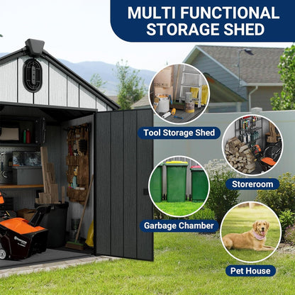 6X6 FT Outdoor Resin Storage Shed, All Weather Resistant Plastic Shed W/Air Vents & Window, Floor & Lockable Door, Waterproof Outdoor Shed for Bike, Garbage Cans, Tools (Black & Grey)