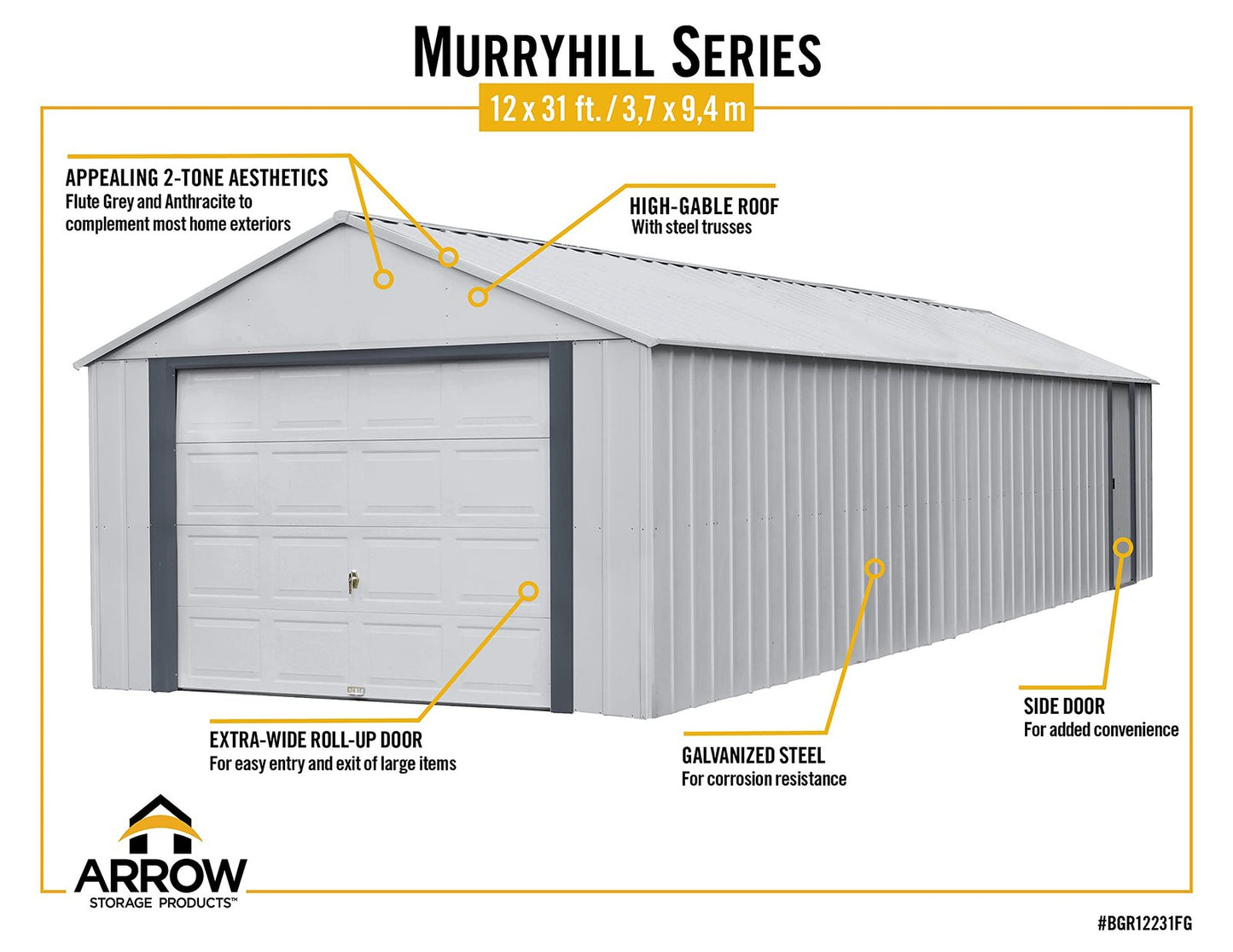 Arrow Shed 12′ x 31′ Murryhill Garage Galvanized Steel Extra Tall Walls Prefabricated Shed Storage Building, 12′ x 31′, Flute Gray