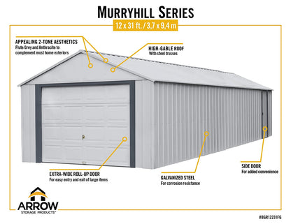 Arrow Shed 12′ x 31′ Murryhill Garage Galvanized Steel Extra Tall Walls Prefabricated Shed Storage Building, 12′ x 31′, Flute Gray