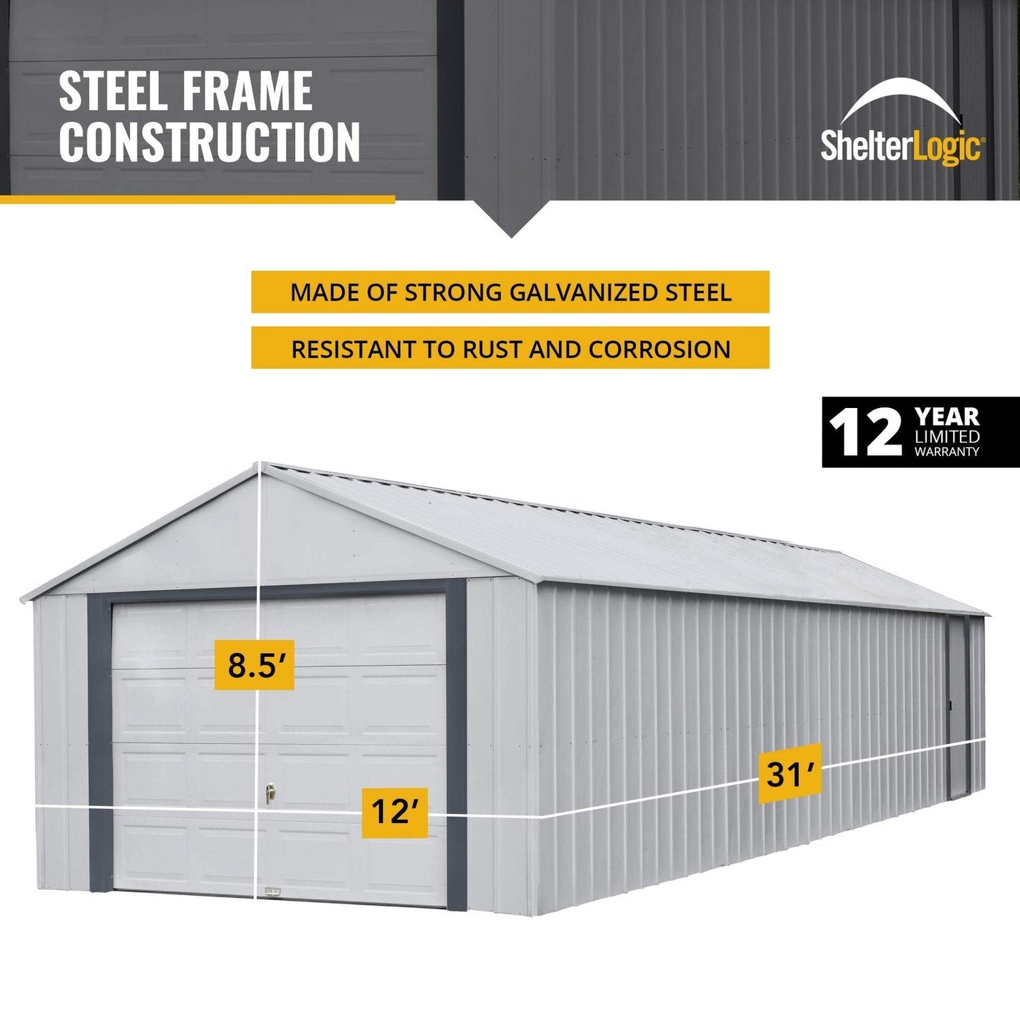 Arrow Shed 12′ x 31′ Murryhill Garage Galvanized Steel Extra Tall Walls Prefabricated Shed Storage Building, 12′ x 31′, Flute Gray