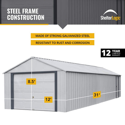 Arrow Shed 12′ x 31′ Murryhill Garage Galvanized Steel Extra Tall Walls Prefabricated Shed Storage Building, 12′ x 31′, Flute Gray