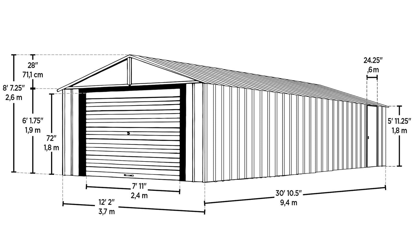 Arrow Shed 12′ x 31′ Murryhill Garage Galvanized Steel Extra Tall Walls Prefabricated Shed Storage Building, 12′ x 31′, Flute Gray