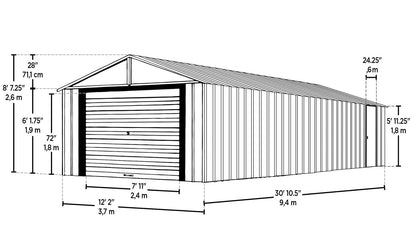Arrow Shed 12′ x 31′ Murryhill Garage Galvanized Steel Extra Tall Walls Prefabricated Shed Storage Building, 12′ x 31′, Flute Gray