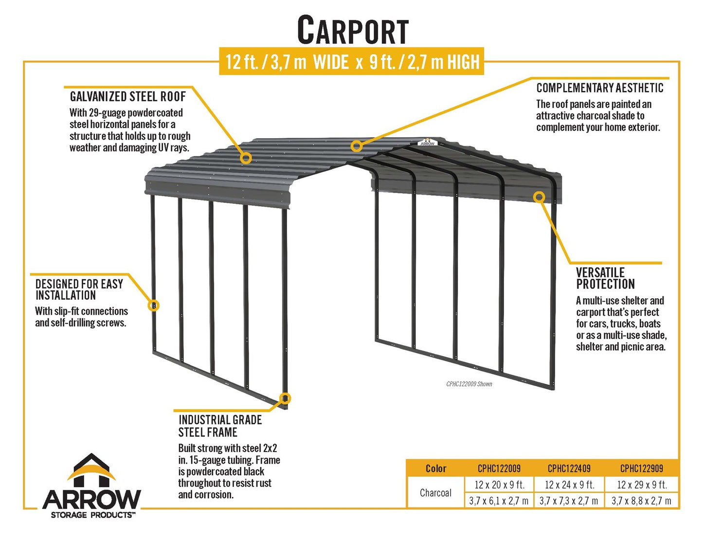 Arrow Carport, 12 ft. x 24ft. x 9ft. Charcoal 12′ x 24′ x 9′