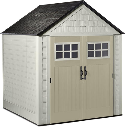 Resin Outdoor Storage Shed with Floor (7 X 7 Ft), Weather Resistant, Beige/Brown, Organization for Home/Backyard/Garden Tools/Lawn Mower/Bike Storage/Pool Supplies
