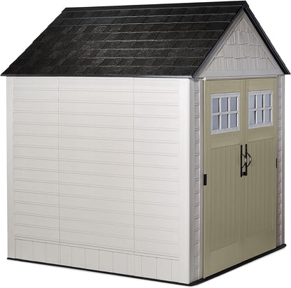 Resin Outdoor Storage Shed with Floor (7 X 7 Ft), Weather Resistant, Beige/Brown, Organization for Home/Backyard/Garden Tools/Lawn Mower/Bike Storage/Pool Supplies