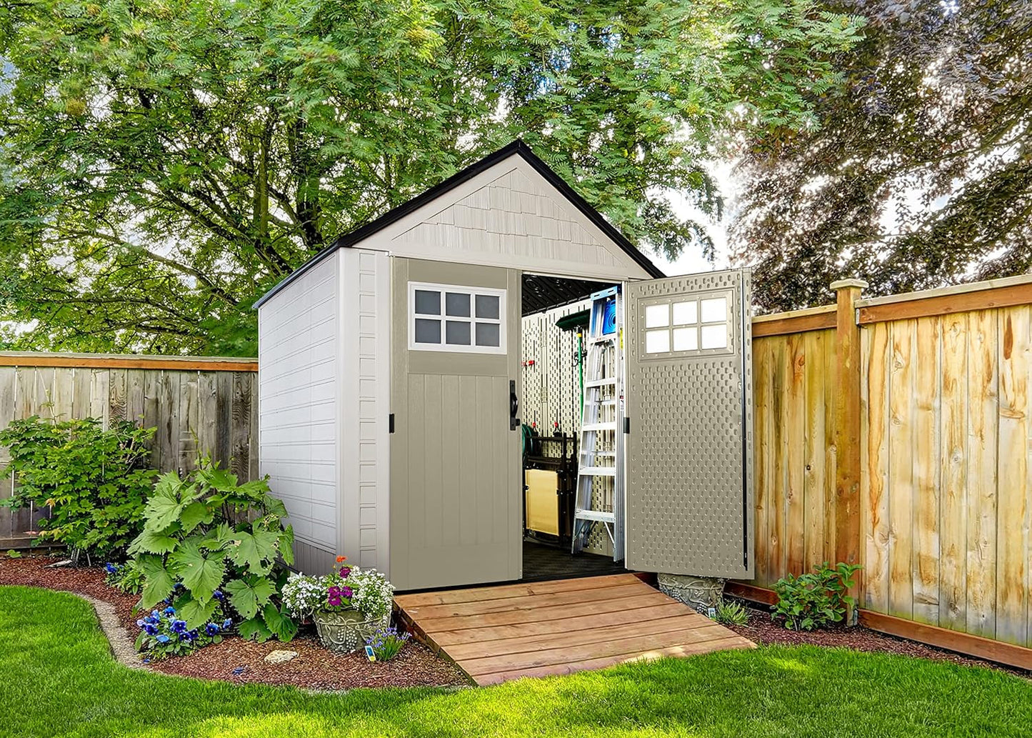 Resin Outdoor Storage Shed with Floor (7 X 7 Ft), Weather Resistant, Beige/Brown, Organization for Home/Backyard/Garden Tools/Lawn Mower/Bike Storage/Pool Supplies