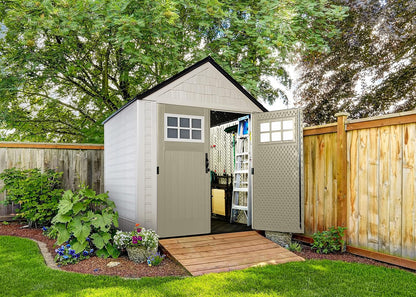 Resin Outdoor Storage Shed with Floor (7 X 7 Ft), Weather Resistant, Beige/Brown, Organization for Home/Backyard/Garden Tools/Lawn Mower/Bike Storage/Pool Supplies