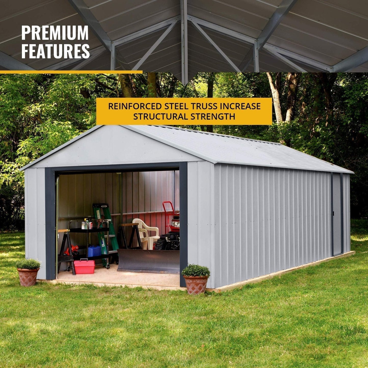Arrow Shed 12′ x 31′ Murryhill Garage Galvanized Steel Extra Tall Walls Prefabricated Shed Storage Building, 12′ x 31′, Flute Gray