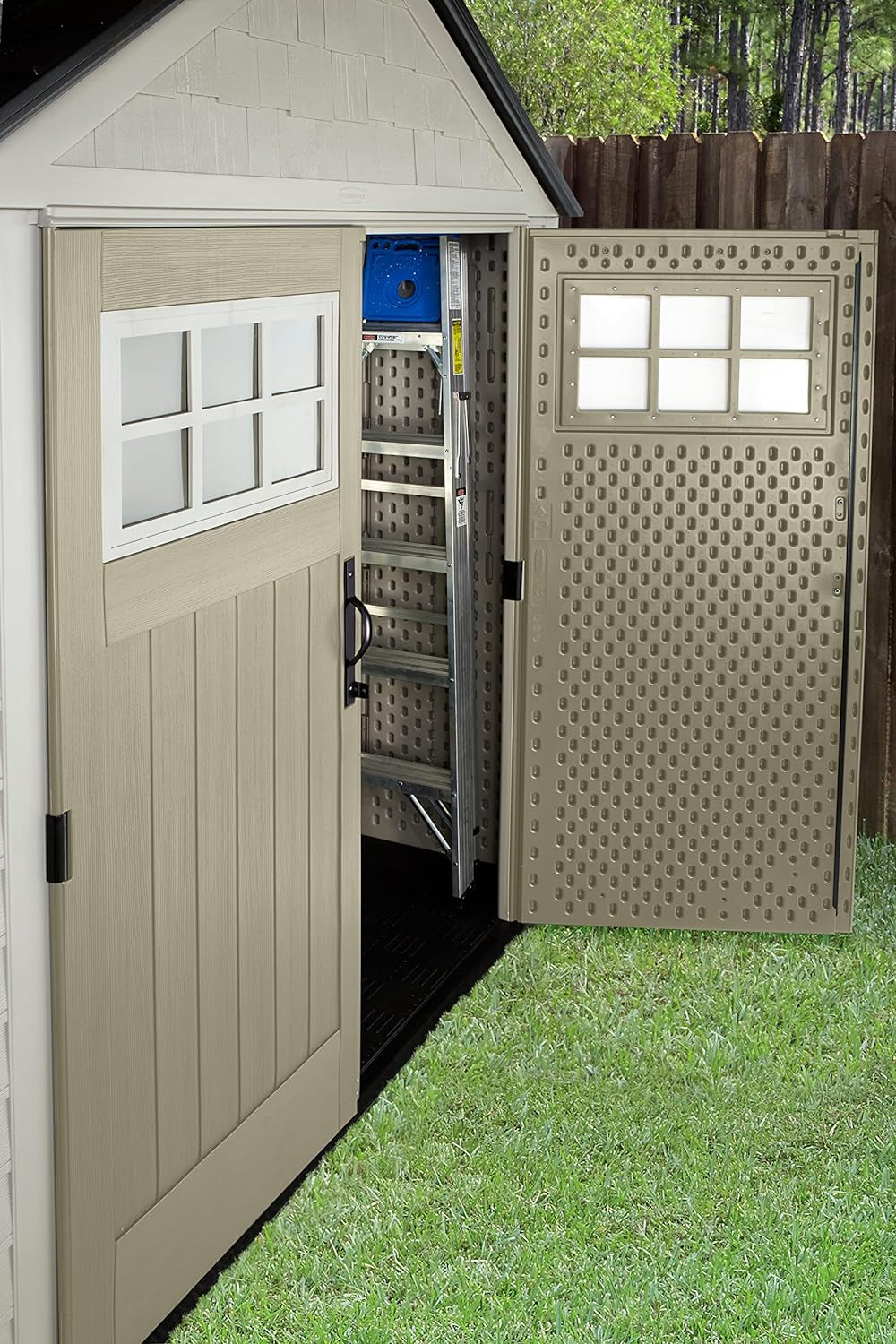 Resin Outdoor Storage Shed with Floor (7 X 7 Ft), Weather Resistant, Beige/Brown, Organization for Home/Backyard/Garden Tools/Lawn Mower/Bike Storage/Pool Supplies