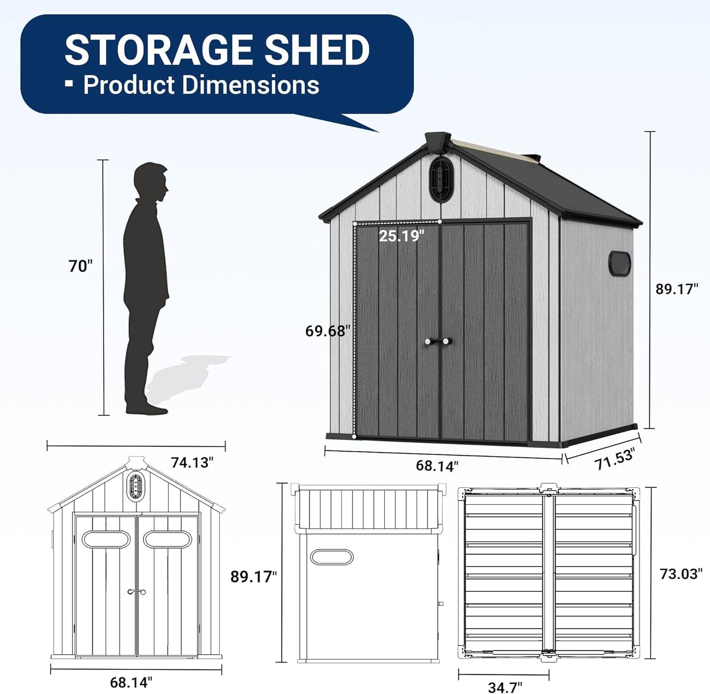 6X6 FT Outdoor Resin Storage Shed, All Weather Resistant Plastic Shed W/Air Vents & Window, Floor & Lockable Door, Waterproof Outdoor Shed for Bike, Garbage Cans, Tools (Black & Grey)