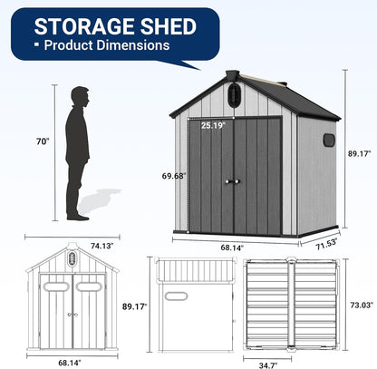 6X6 FT Outdoor Resin Storage Shed, All Weather Resistant Plastic Shed W/Air Vents & Window, Floor & Lockable Door, Waterproof Outdoor Shed for Bike, Garbage Cans, Tools (Black & Grey)