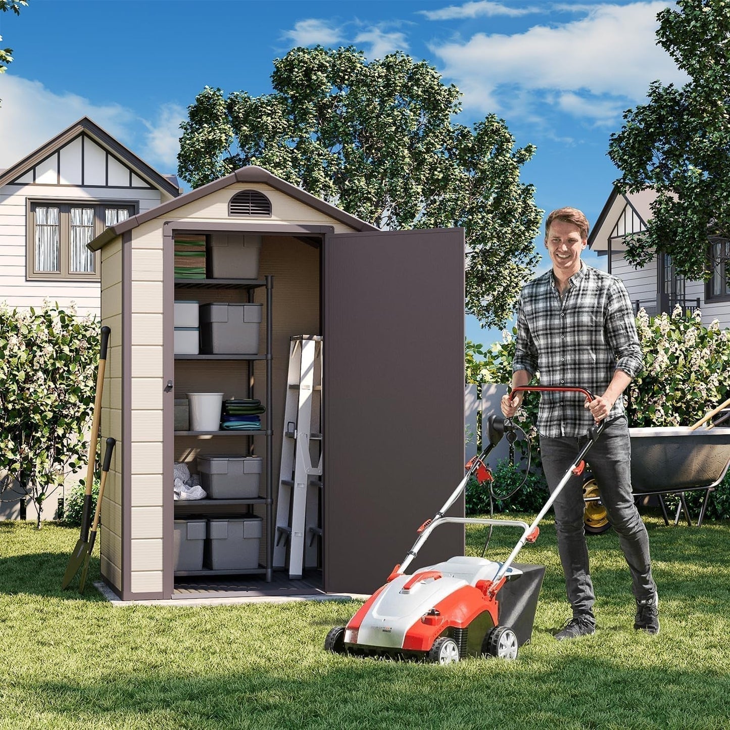Outdoor Storage Shed 4X3 Ft, Resin Sheds & Outdoor Storage, Patio Furniture Shed with Lockable Door, Outdoor Sheds Garden Tools, Bikes, BBQ Grills, Pool Accessories for Backyard, Patio