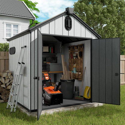 6X6 FT Outdoor Resin Storage Shed, All Weather Resistant Plastic Shed W/Air Vents & Window, Floor & Lockable Door, Waterproof Outdoor Shed for Bike, Garbage Cans, Tools (Black & Grey)