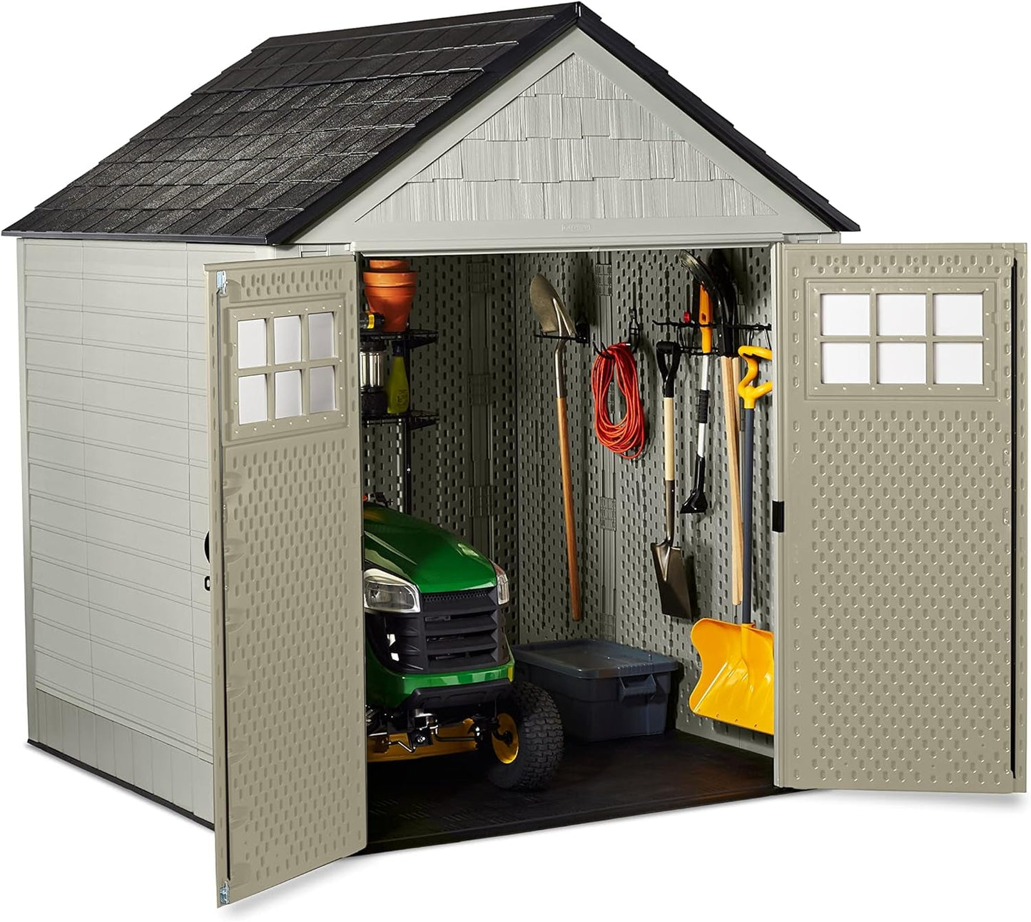 Resin Outdoor Storage Shed with Floor (7 X 7 Ft), Weather Resistant, Beige/Brown, Organization for Home/Backyard/Garden Tools/Lawn Mower/Bike Storage/Pool Supplies