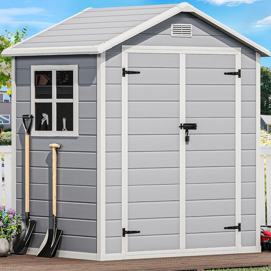 6X4.4 FT Outdoor Resin Storage Shed with Reinforced Floor, All-Weather Bike Storage Shed with Lockable Door, Window and Vent, Waterproof Plastic Tool Storage for Garden, Backyard, Patio, Lawn