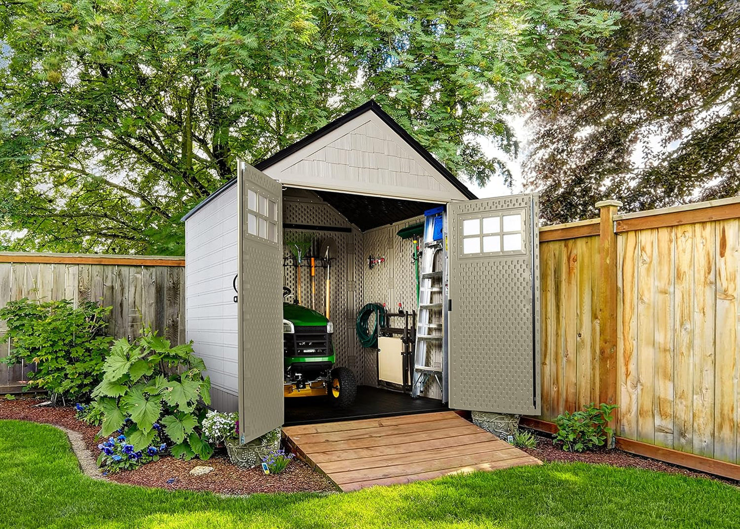 Resin Outdoor Storage Shed with Floor (7 X 7 Ft), Weather Resistant, Beige/Brown, Organization for Home/Backyard/Garden Tools/Lawn Mower/Bike Storage/Pool Supplies