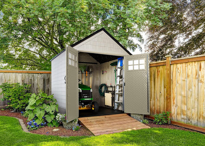 Resin Outdoor Storage Shed with Floor (7 X 7 Ft), Weather Resistant, Beige/Brown, Organization for Home/Backyard/Garden Tools/Lawn Mower/Bike Storage/Pool Supplies