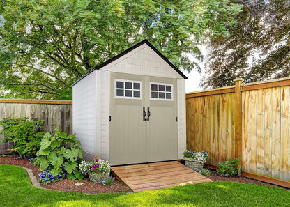 Resin Outdoor Storage Shed with Floor (7 X 7 Ft), Weather Resistant, Beige/Brown, Organization for Home/Backyard/Garden Tools/Lawn Mower/Bike Storage/Pool Supplies