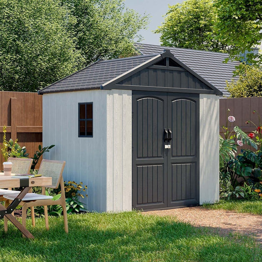 8' X 6' Resin Outdoor Storage Shed with Floor, Plastic Shed with Window and Lockable Door, Ideal for Garden, Backyard, and Tool Storage. Easy Installation in Gray and White